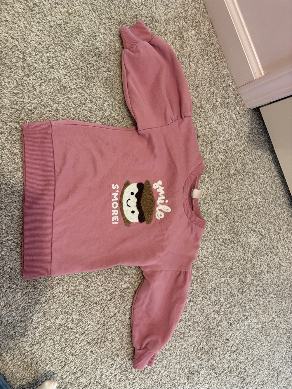 Girls Dusty Pink Puff-Sleeve Sweatshirt with Smile S'more Graphic
